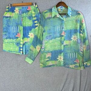Sea Suns Vintage 2 Piece Set Womens XL Rayon Shirt Shorts Nautical Floral Green